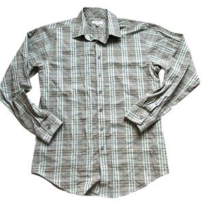 Burberry London Mens Shirt M Medium Greige Grey Plaid Button Up Long Sleeve